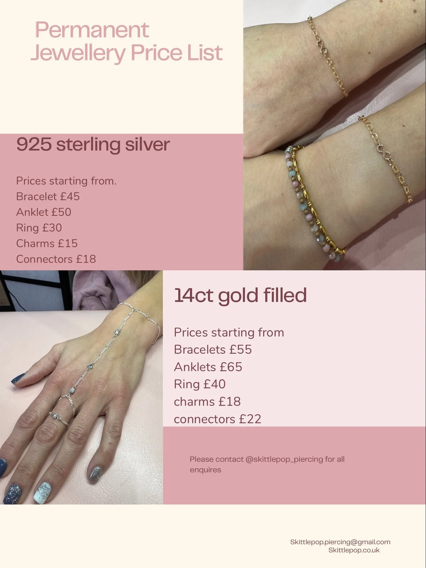 Permanent jewellery available at the studio as a service just get in touch. 

These make great matching gifts or even a great treat to yourself. They can be personalised. 

Working hours @mistyrosetattoo 
Monday 5:30-9
Wednesday 10-4
Thursday 11-4
Fr