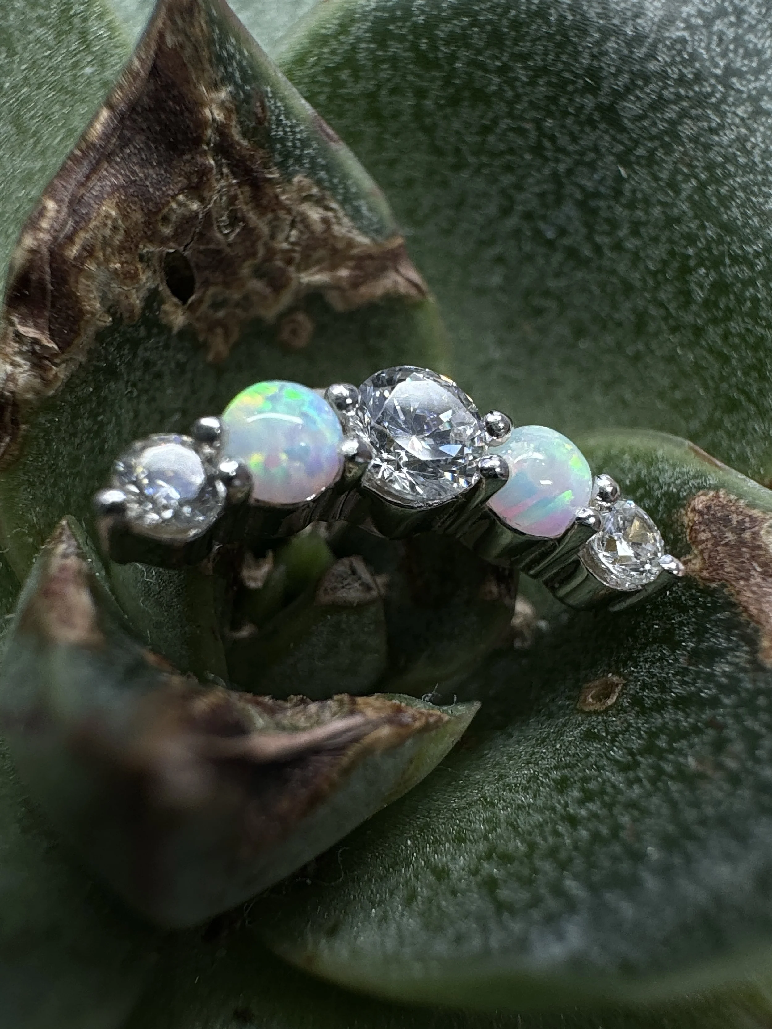 Solid 14ct gold Five gem cluster sporting opals and cz clear gems. Suitable for ears and floating navel piercings