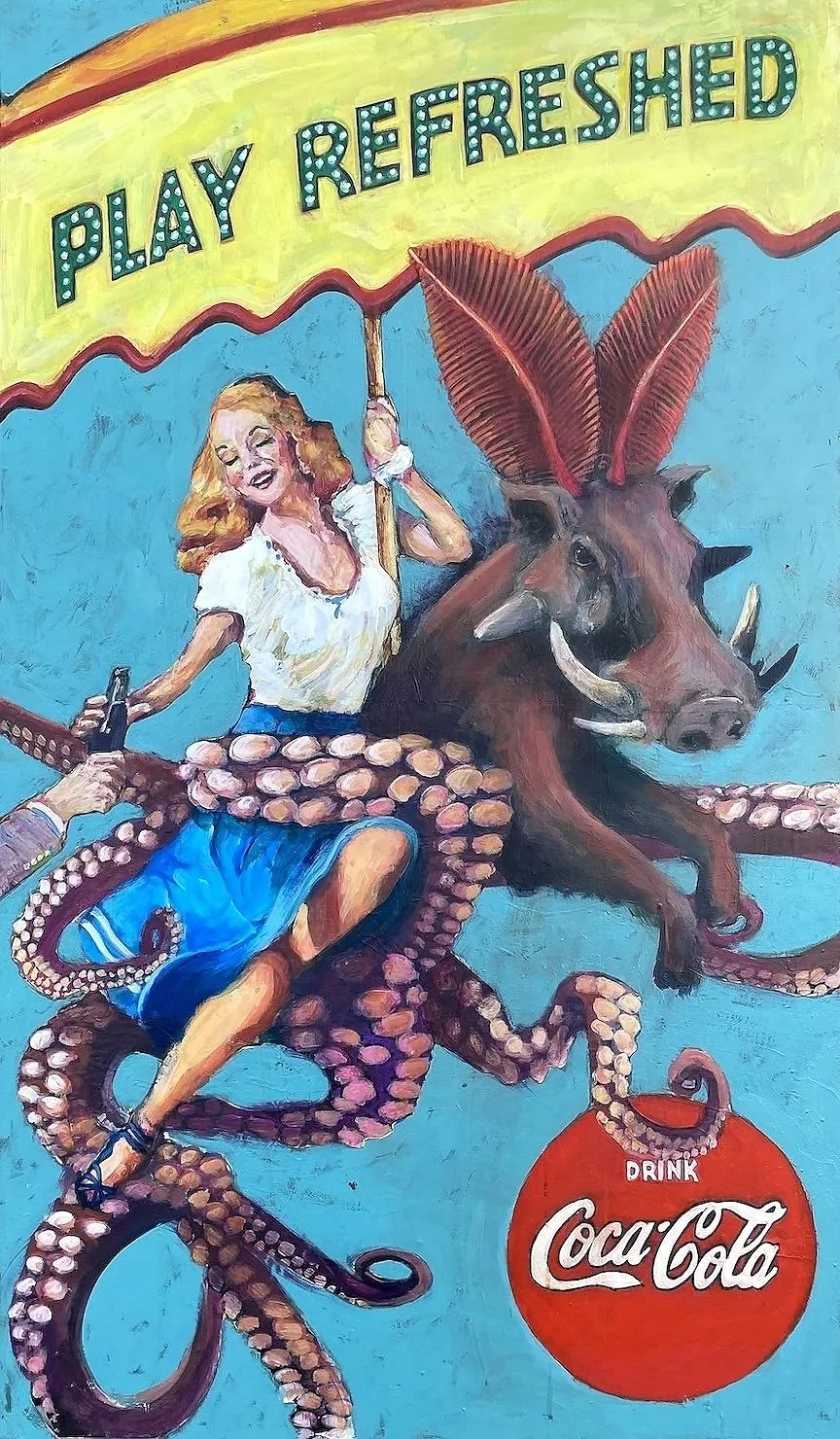 "Play Refreshed," 2024, acrylic and metal leaf on board, 39 x 23 inches