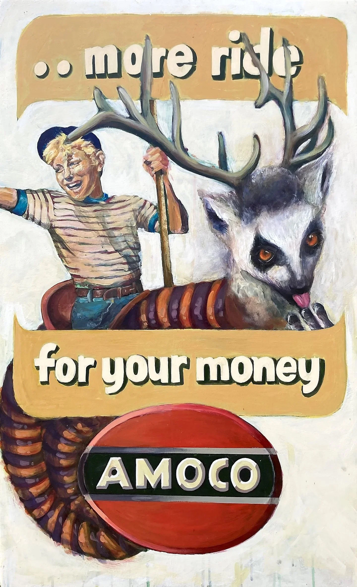 "More Ride For Your Money," 2024, acrylic and metal leaf on board, 40 x 25 inches