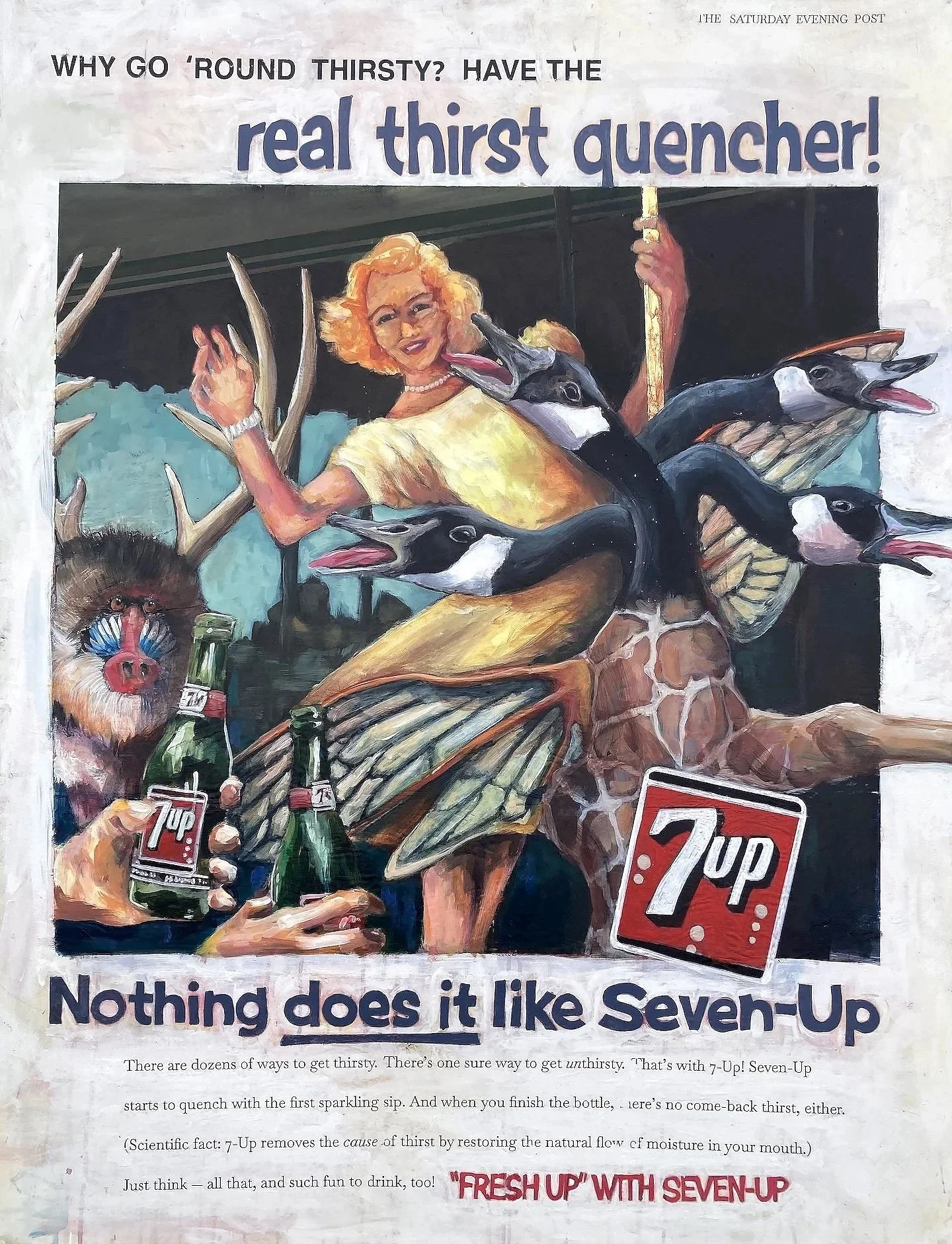 "The Real Thirst Quencher," 2024, acrylic and metal leaf on board, 48 x 36 inches