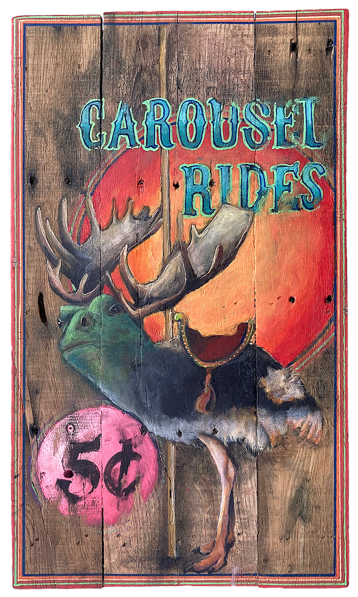 "Carousel Rides (Moose, Frog, Ostrich)," 2023, Acrylic on reclaimed wood, 23 x 13 inches