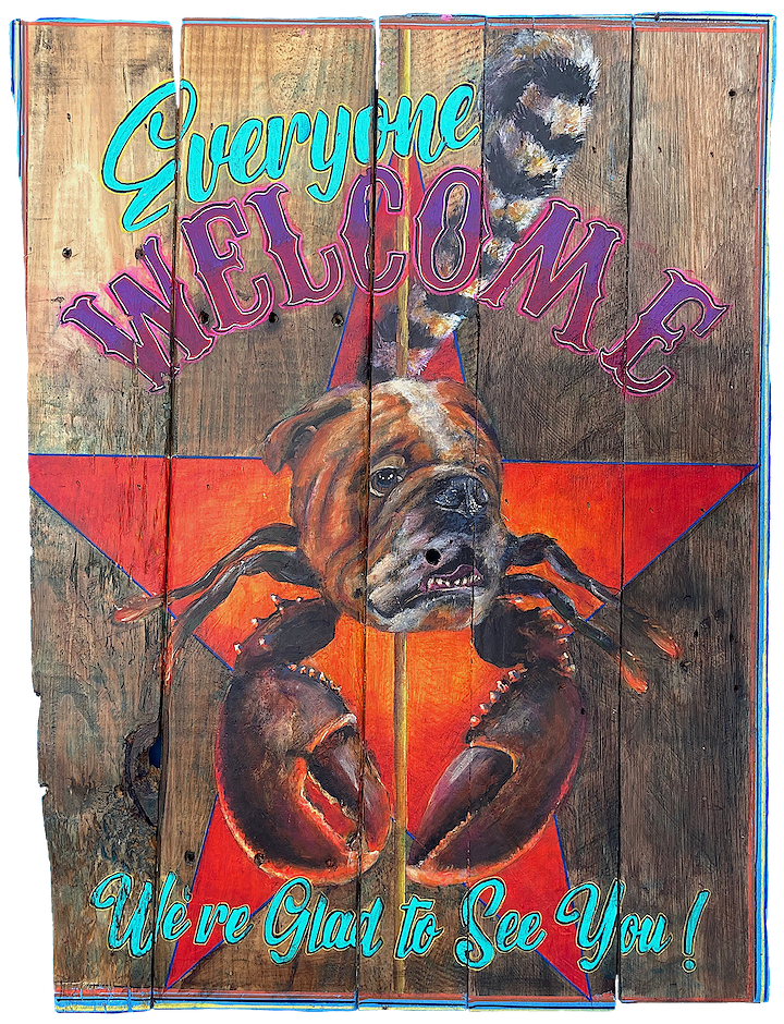 "Welcome (Bulldog, Lobster, Lemur)," 2023, Acrylic on reclaimed wood, 27 x 21 inches