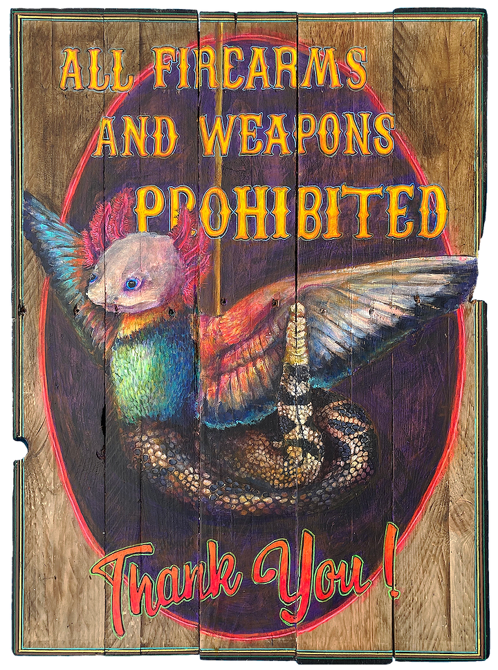 "Weapons (Axolotl, Bird of Paradise, Rattlesnake)," 2023, Acrylic on reclaimed wood, 27 x 20 inches