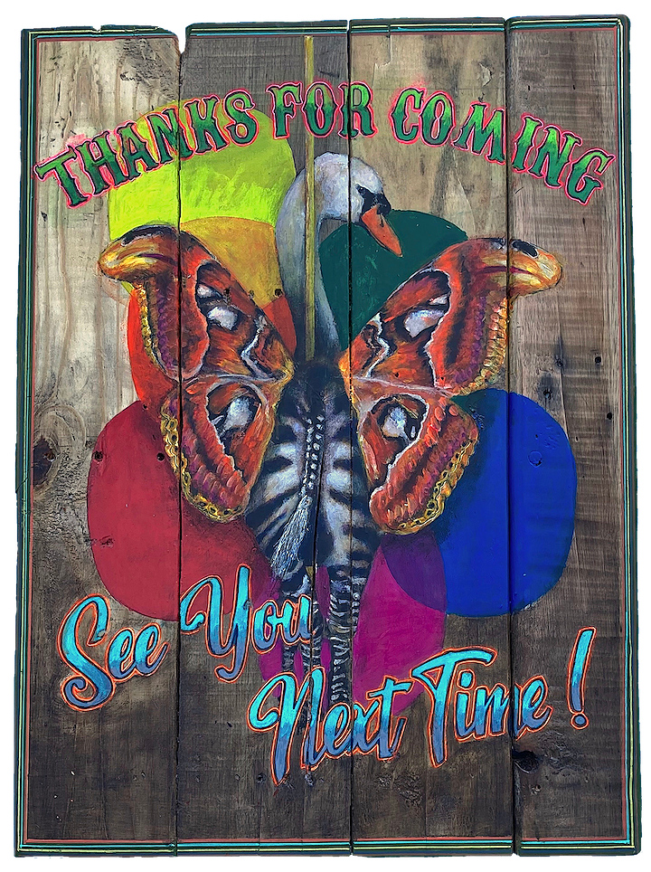 "Thanks For Coming (Swan, Atlas Moth, Zebra)," 2023, Acrylic on reclaimed wood, 28 x 21 inches
