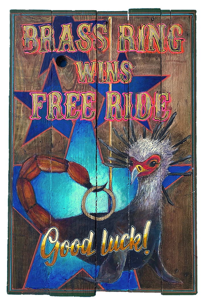 "Brass Ring (Secretary Bird, Sea Lion, Scorpion)," 2023, Acrylic on reclaimed wood, 26 x 17 inches