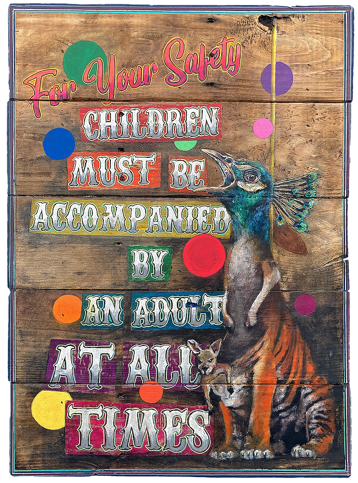 "Children (Peacock, Kangaroo, Tiger)," 2023, Acrylic on reclaimed wood, 27 x 20 inches