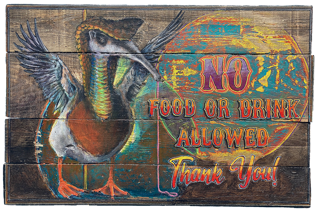 "No Food or Drink (Cobra, Anteater, Duck)," 2023, Acrylic on reclaimed wood, 16 x 25 inches