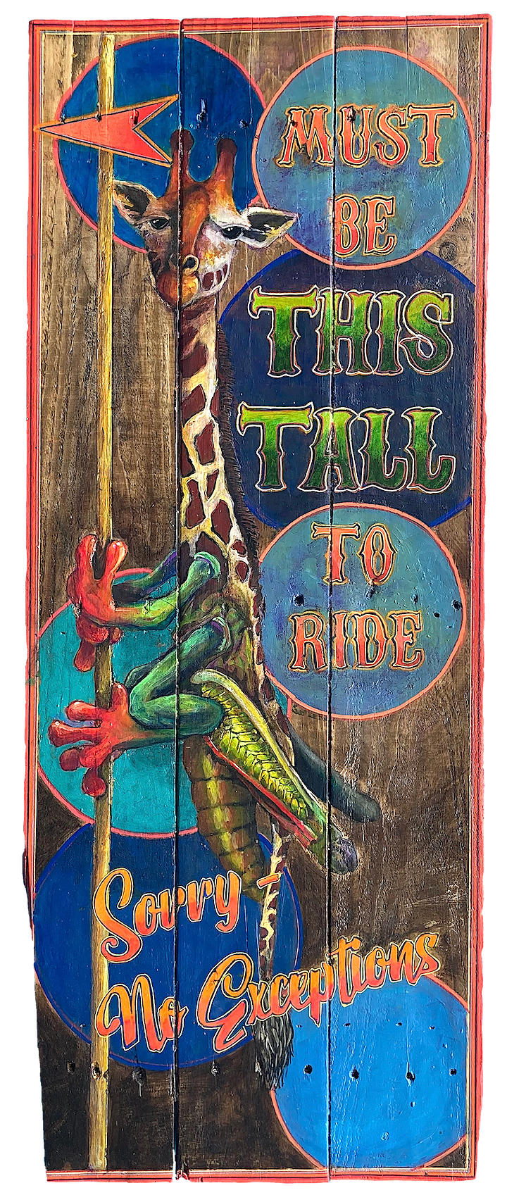 "Tall (Giraffe, Tree Frog, Grasshopper)," 2023, Acrylic on reclaimed wood, 40 x 16 inches