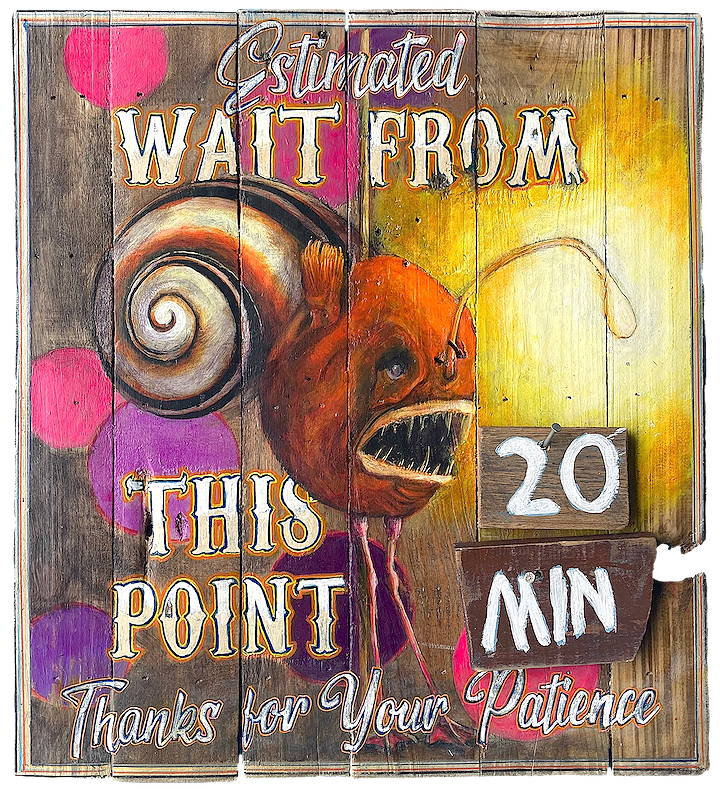 "Wait (Snail, Angler Fish, Flamingo)," 2023, Acrylic on reclaimed wood, 22 x 20 inches