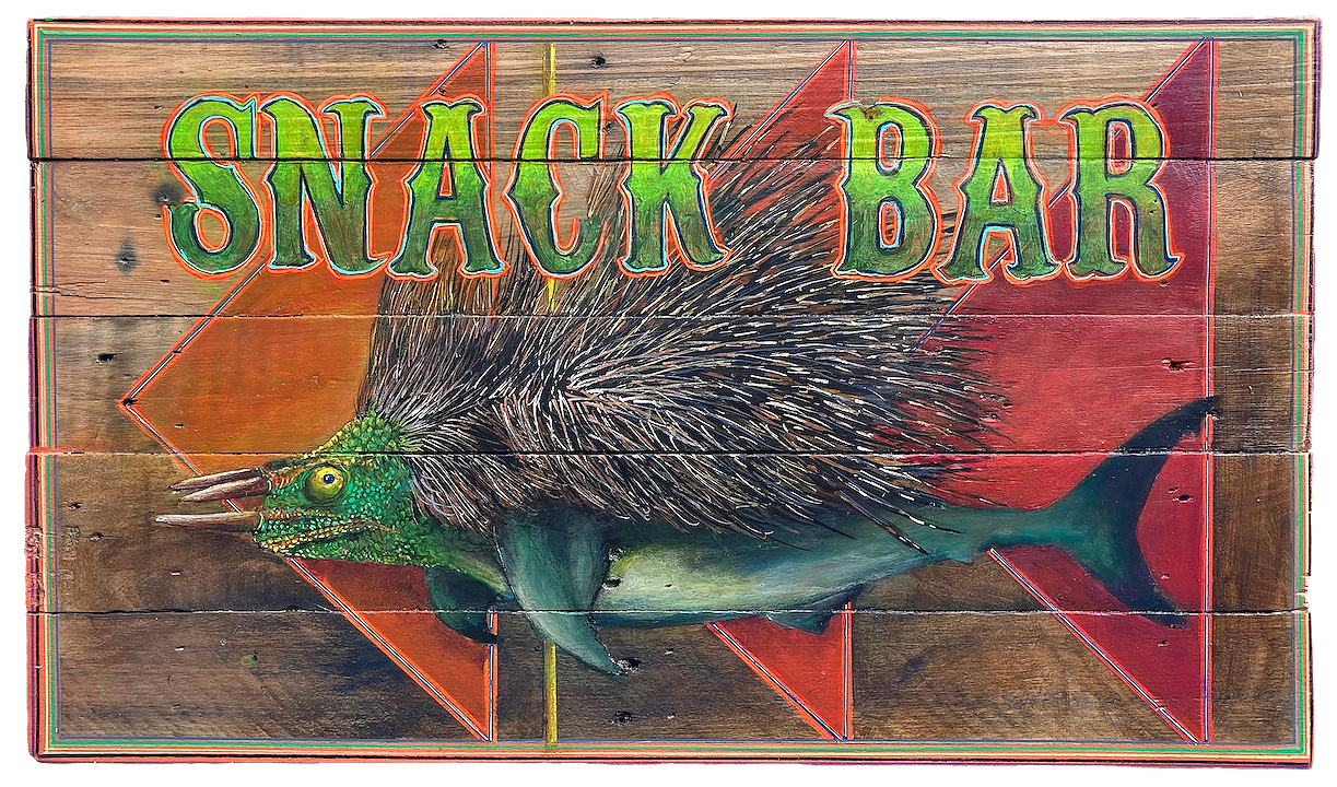 "Snack Bar (Chameleon, Porcupine, Shark)," 2023, Acrylic on reclaimed wood, 15 x 26 inches