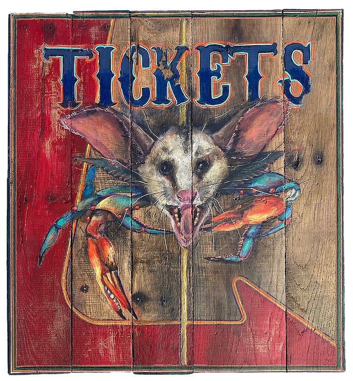 "Tickets (Rabbit, Possum, Blue Crab)," 2023, Acrylic on reclaimed wood, 20 x 19 inches