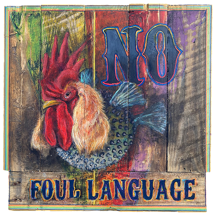 "No Foul Language (Rooster, Puffer Fish, Spaniel)," 2023, Acrylic on reclaimed wood, 20 x 19 inches