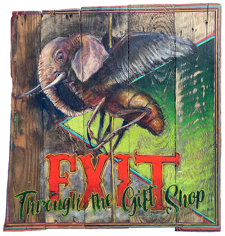 "Exit (Elephant, Vulture, Housefly)," 2023, Acrylic on reclaimed wood, 19 x 19 inches