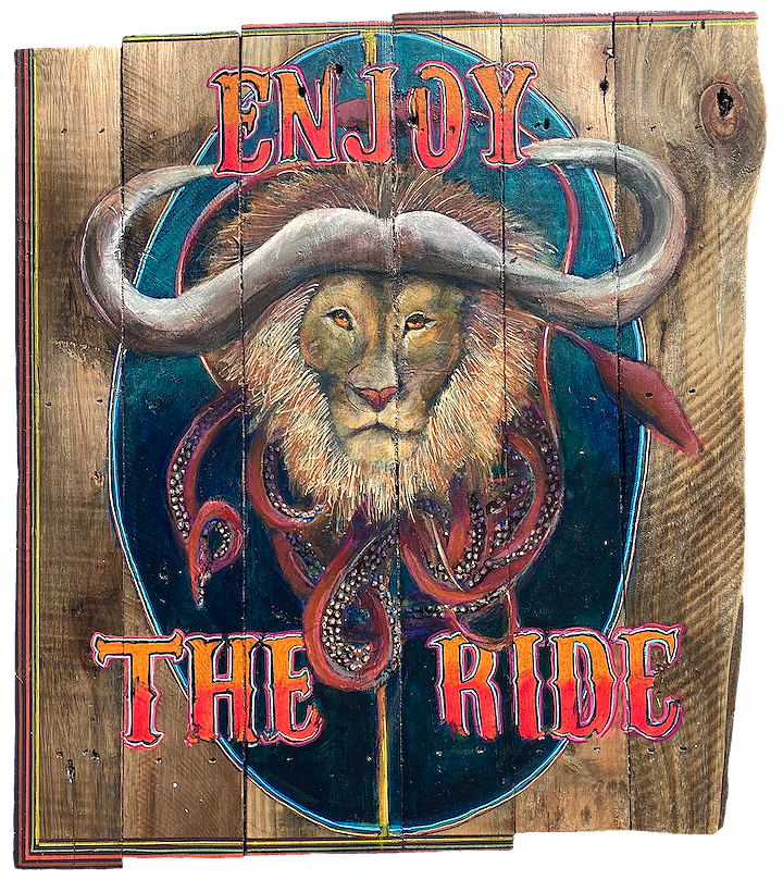 "Enjoy The Ride (Lion, Water Buffalo, Giant Squid)," 2023, Acrylic on reclaimed wood, 22 x 19 inches