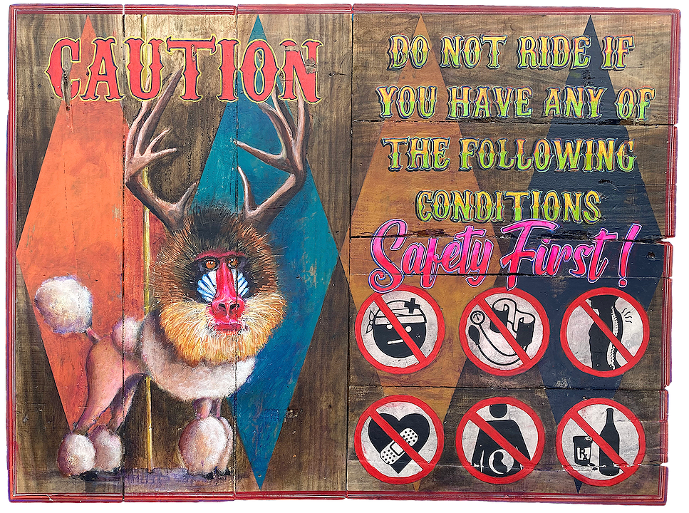 "Conditions (Deer, Mandrill, Poodle)," 2023, Acrylic on reclaimed wood, 24 x 32 inches