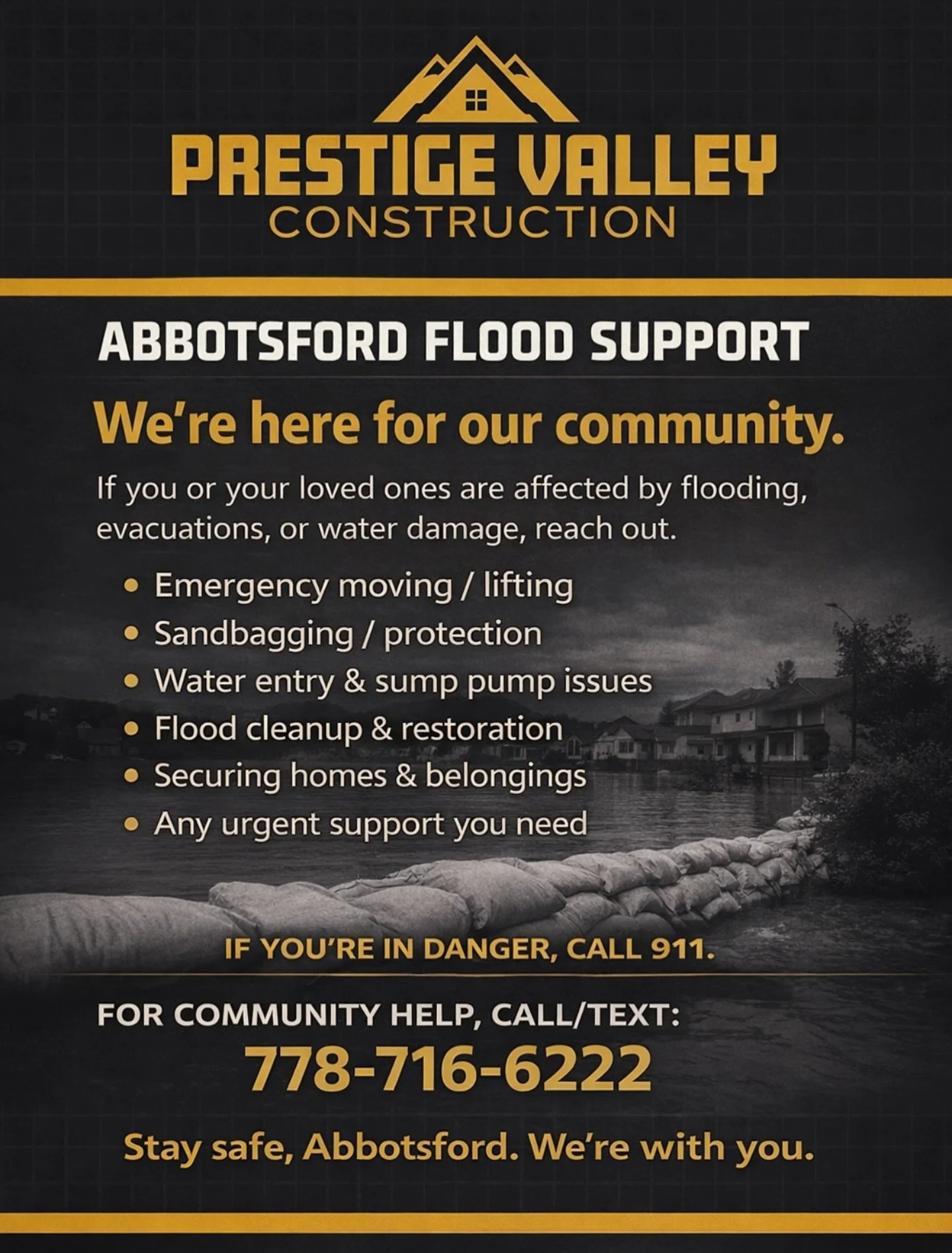 Abbotsford is getting hit hard right now and a lot of families are dealing with flooding and evacuations, especially around Whatcom.
If you or someone you know needs help moving things, protecting a home, dealing with water coming in, or just needs a