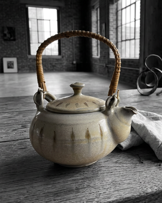 A beige ceramic teapot with a woven handle, placed on a rustic wooden table in a spacious room with large windows and exposed brick walls.