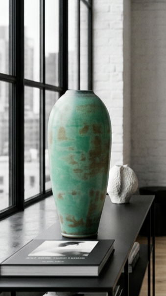 A tall, green ceramic vase on a black table near large industrial-style windows with a white brick wall in the background.