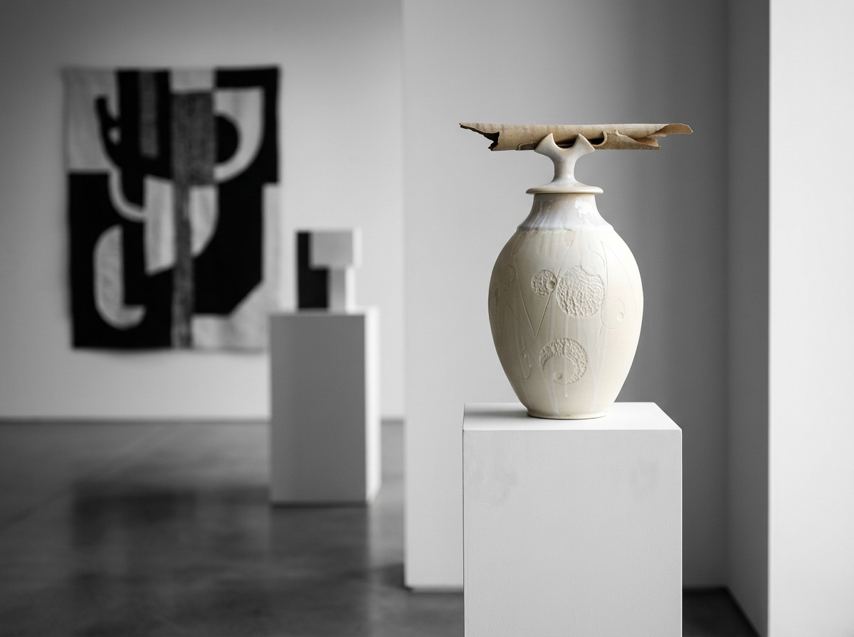 A white ceramic vase with textured circular patterns, placed on a white pedestal in an art gallery. A piece of torn paper is on top of the vase. In the background, there is a black and white abstract painting on the wall.