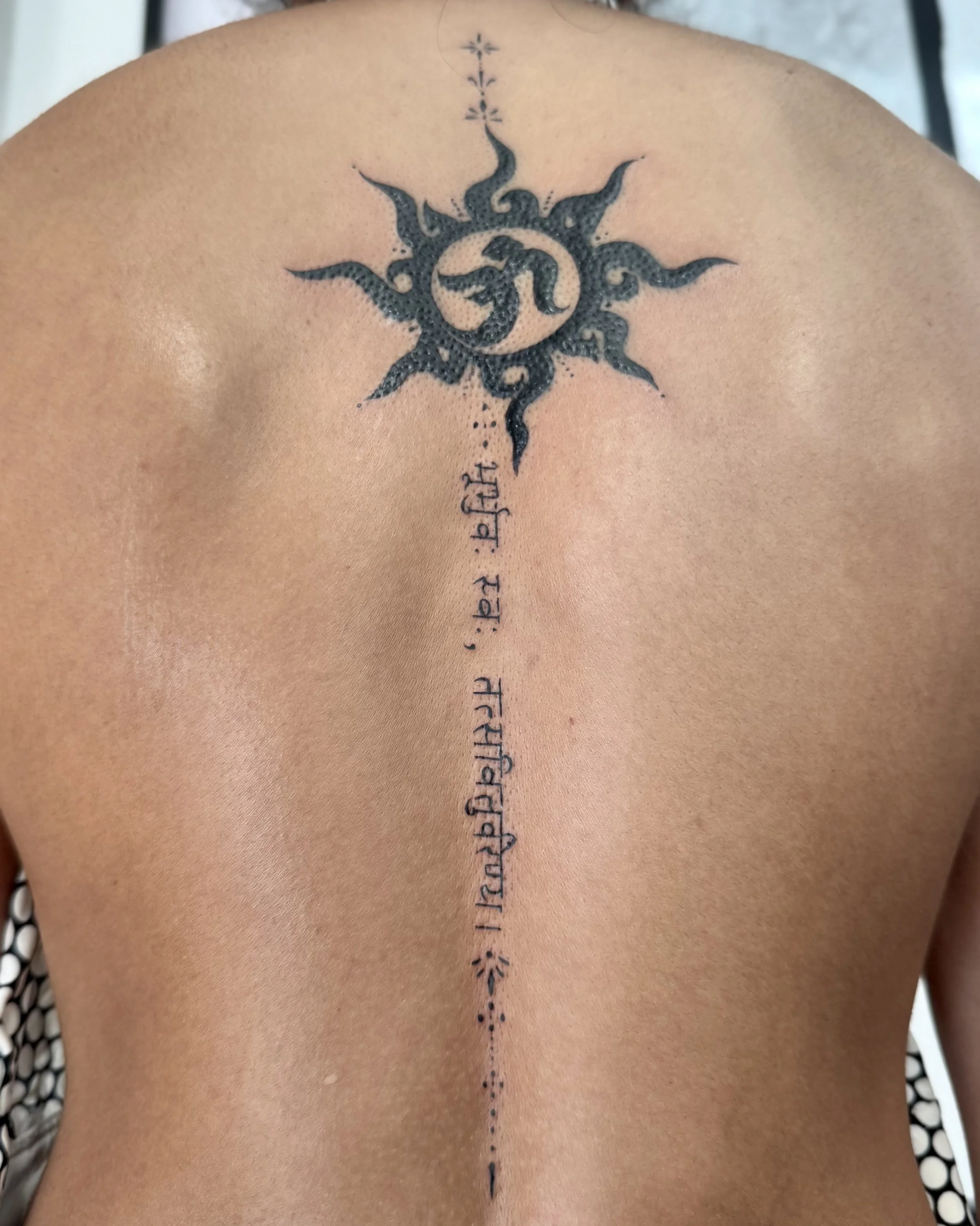 female tattoo artist Los Angeles spiritual Gayatri Mantra tattoo