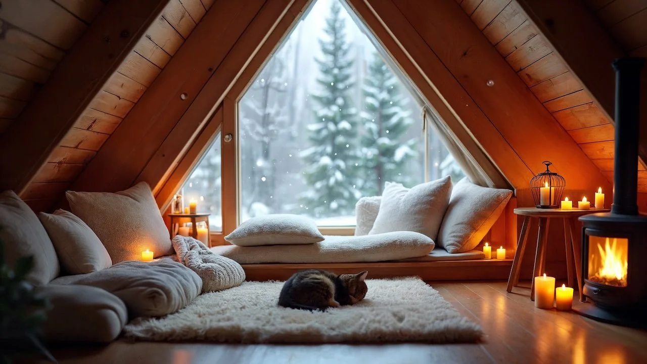 Hygge cozy living Scandinavian winter lifestyle - A log cabin with a large window looking over trees covered in snow. The cabin is lit by candlelight, white cushions and a cat sleeping in the middle of the floor. Very cozy.