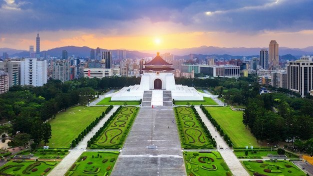 An aerial view of Chiang Kai Shek Memorial Hall in Taipei, Taiwan with the sun setting in the distance. Tricia Pomering Cultural Immersion Experiences.