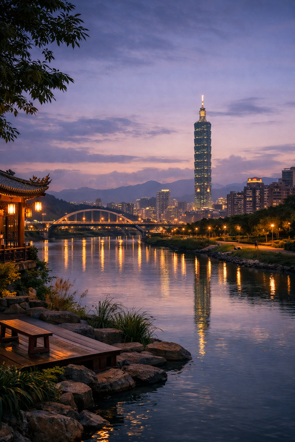 View of Taipei 101 from a traditional tea house in Taiwan.