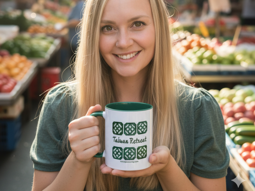 A picture of Tricia Pomering holding a Taiwan Retreat mug in the middle of a day market on Cultural Experience in Taiwan.