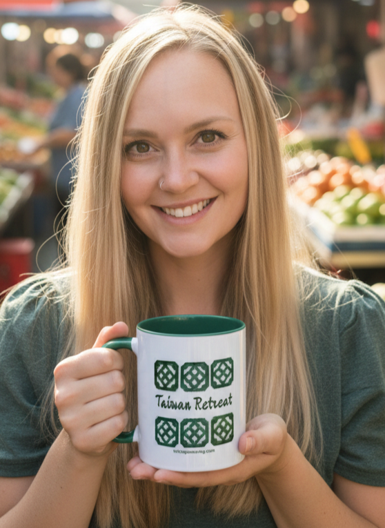 Portrait of Tricia Pomering exploring an open-air market in Taiwan while holding a Taiwan retreat mug.