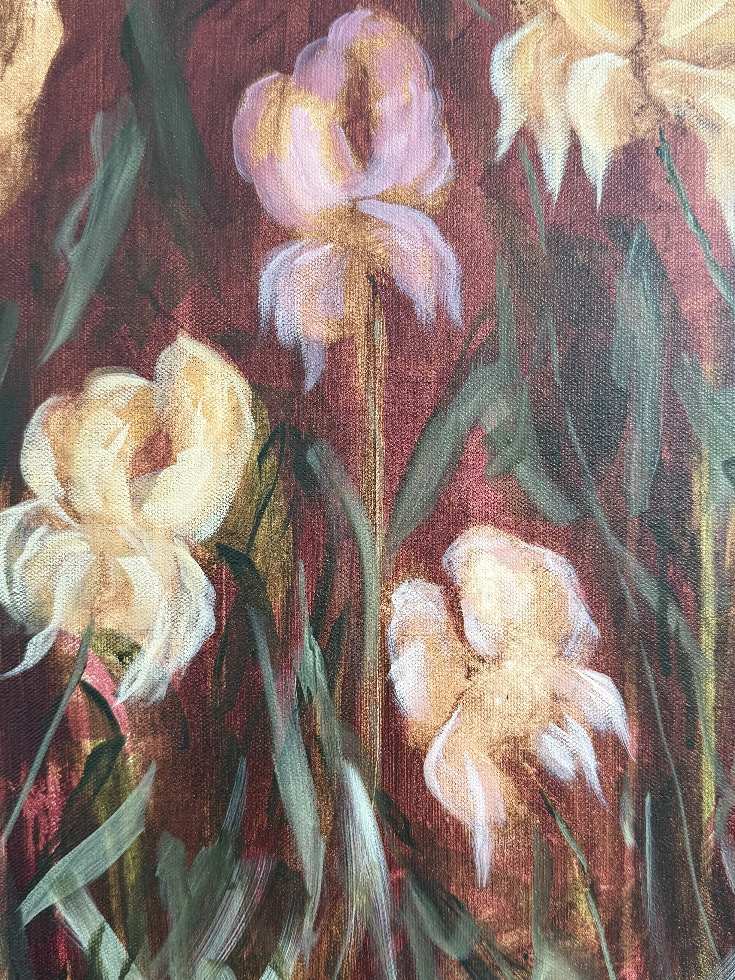 ViolettaPurpleMaroonYellowGoldCreamWhiteBlushPinkIrisFlowerModernLandscapeContemporaryFloralPaintingDetail2SarahMorrisonAbstractArtRichmondVirginiaPainterArtist.jpeg