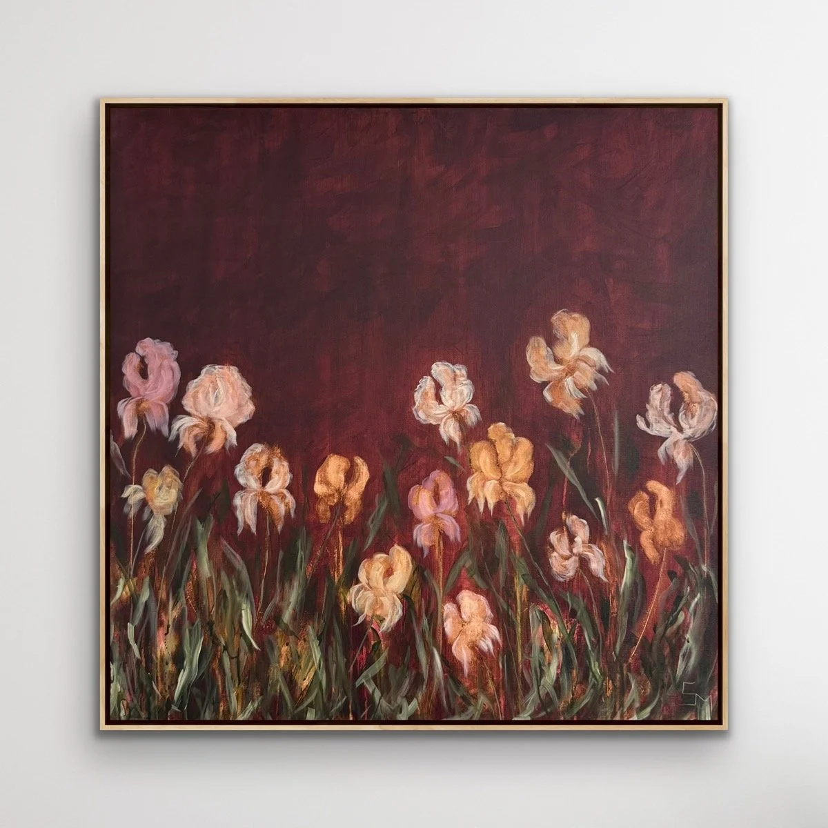 ViolettaPurpleMaroonYellowGoldCreamWhiteBlushPinkIrisFlowerModernLandscapeContemporaryFloralPaintingSarahMorrisonAbstractArtRichmondVirginiaPainterArtist.jpg
