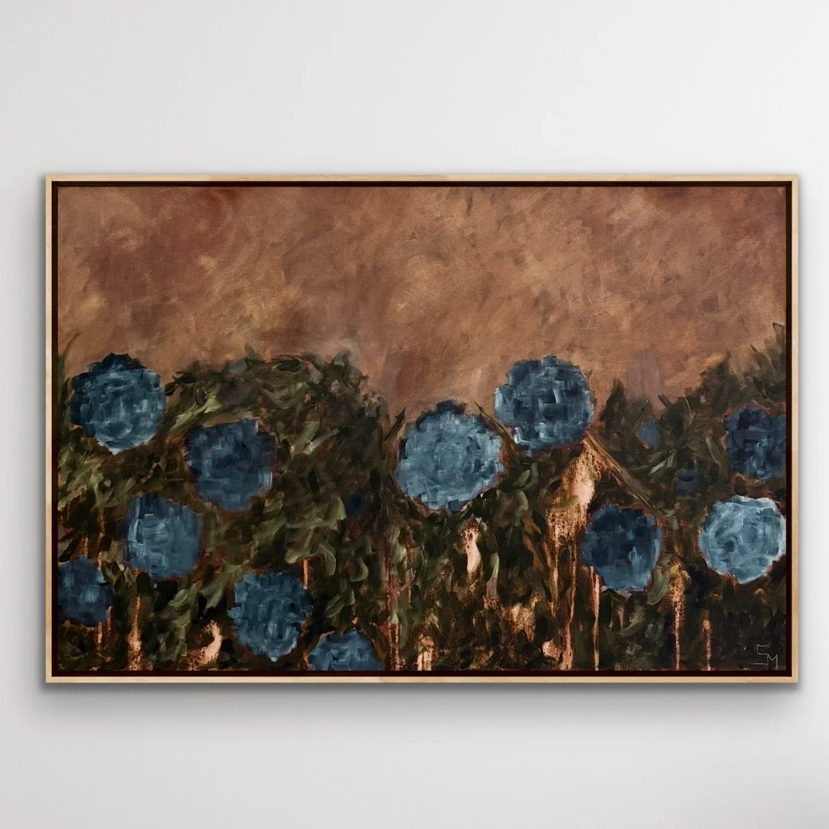 DelphineBrownSkyBlueHydrangeMOdernContemporaryFloralLandscapeSarahMorrisonAbstractArtRichmondVirginiaPainterArtist.jpg