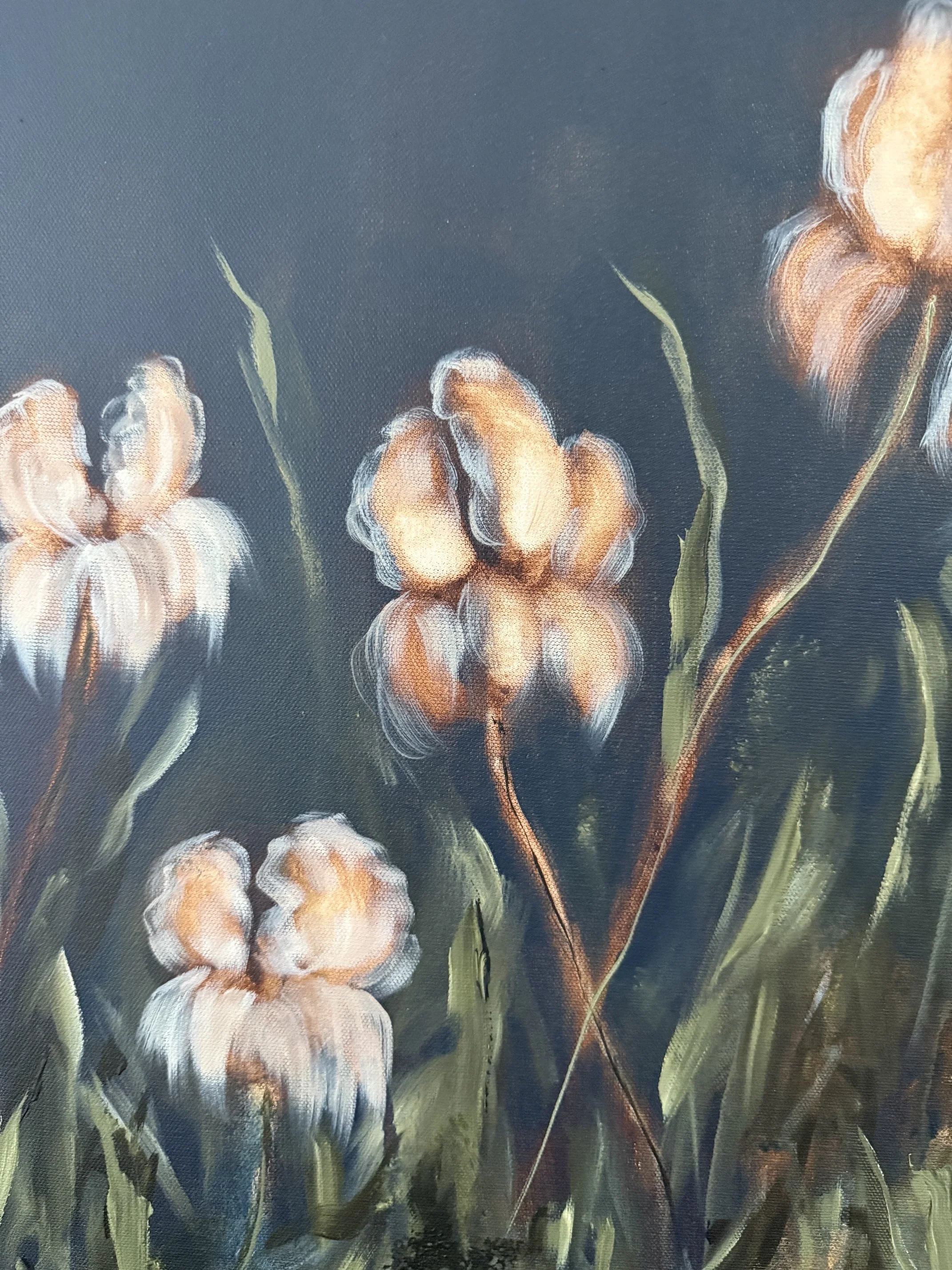 PalmerNavyBlueCreamIrisModernFlowerContemporaryFloralLandscapePaintingDetail2SarahMorrisonAbstractArtRichmondVirginiaPainterArtist.jpeg