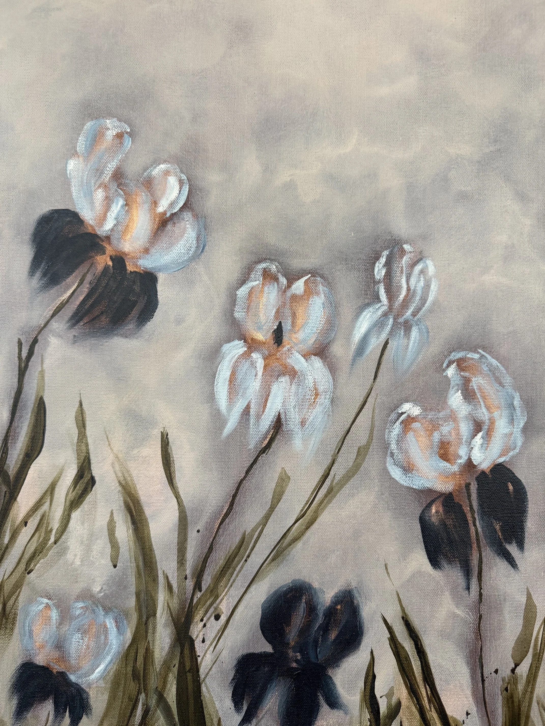SuttonCreamSkyBlueIrisFlowerModernLandscapeContemporaryFloralPaintingDetail3SarahMorrisonAbstractArtRichmondVirginiaPainterArtist.jpeg