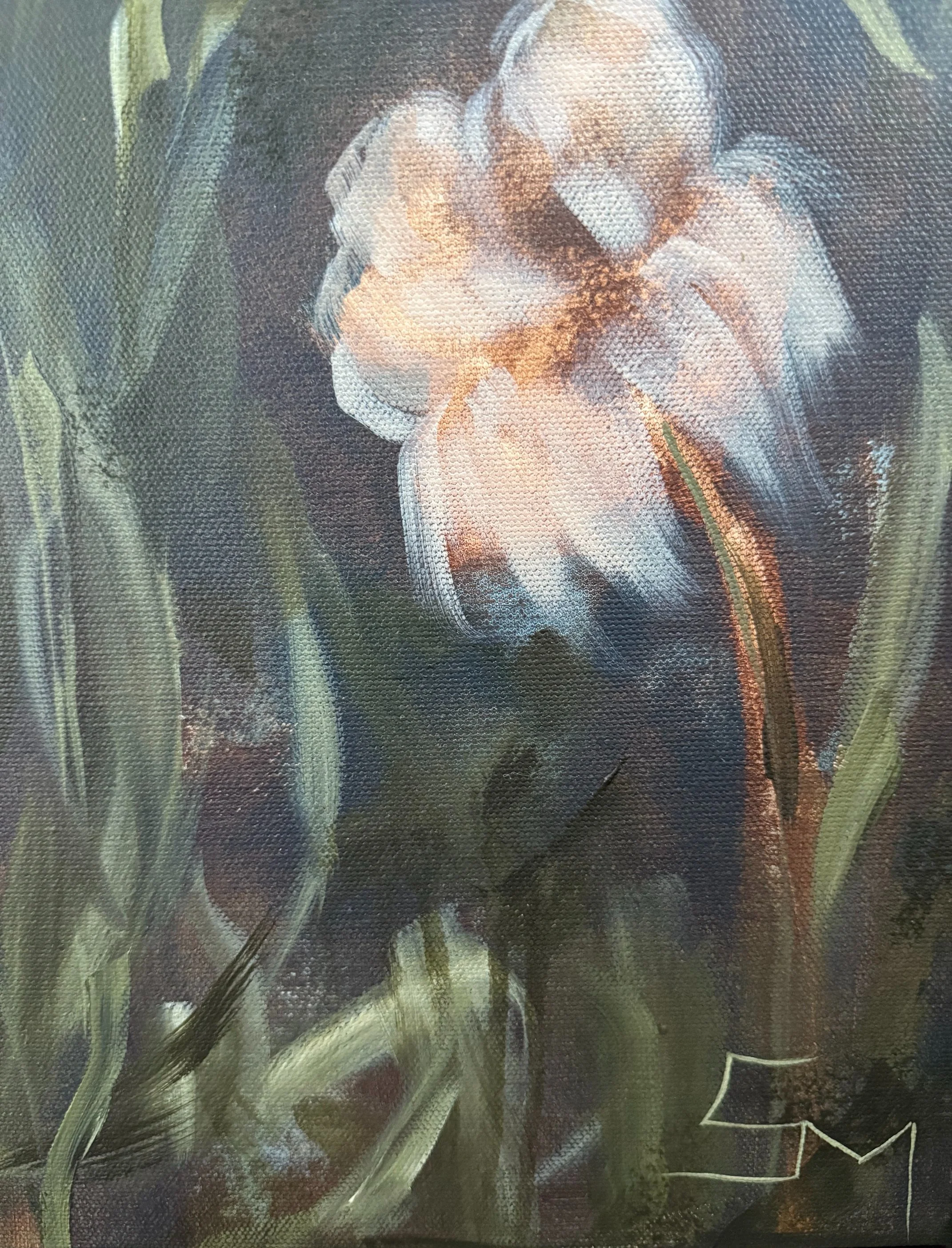 PalmerNavyBlueCreamIrisModernFlowerContemporaryFloralLandscapePaintingDetail1SarahMorrisonAbstractArtRichmondVirginiaPainterArtist.jpeg