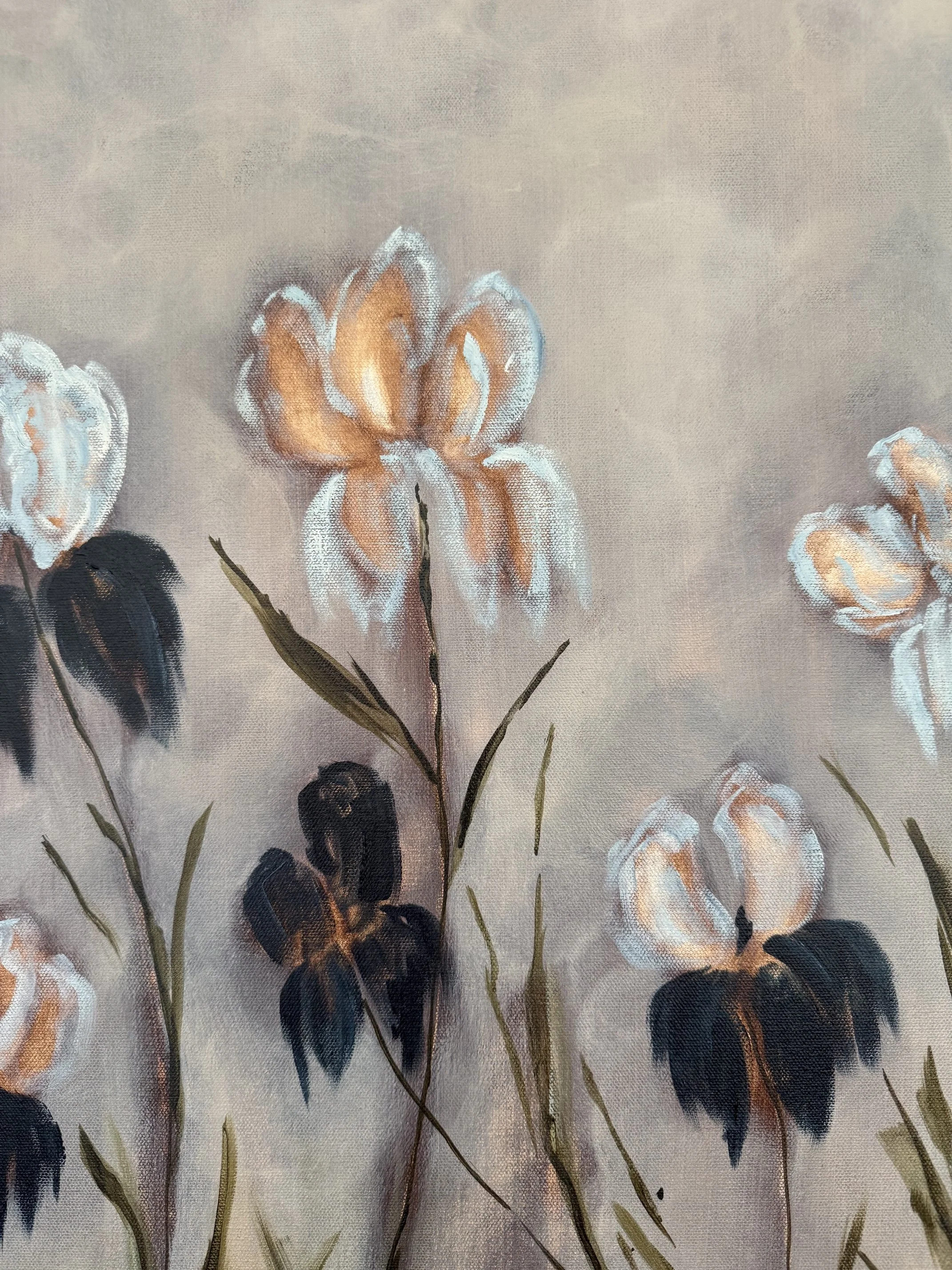SuttonCreamSkyBlueIrisFlowerModernLandscapeContemporaryFloralPaintingDetail1SarahMorrisonAbstractArtRichmondVirginiaPainterArtist.jpeg