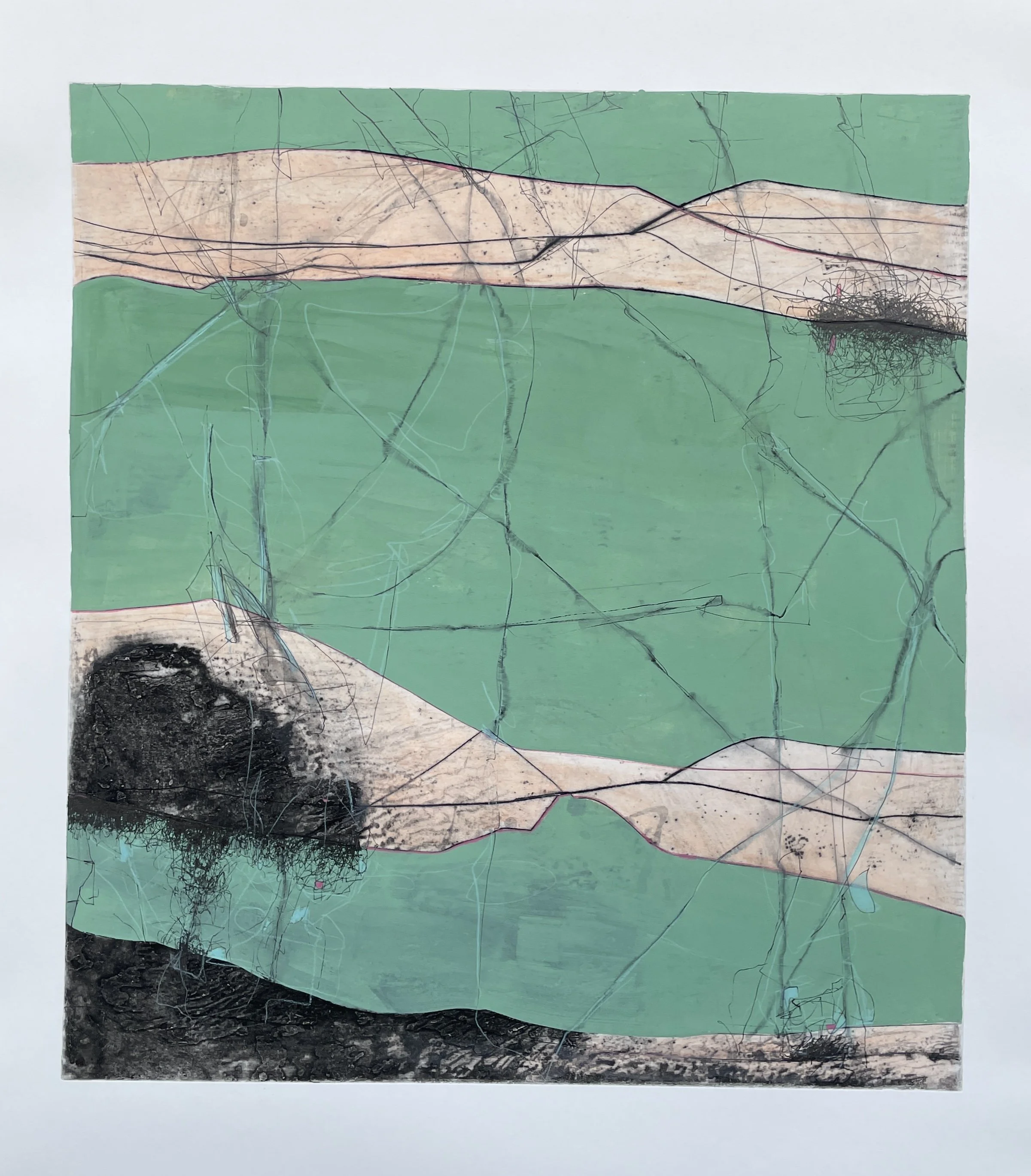 Thirsty Trout ,mixed media on paper, 2025, 36” x 30”