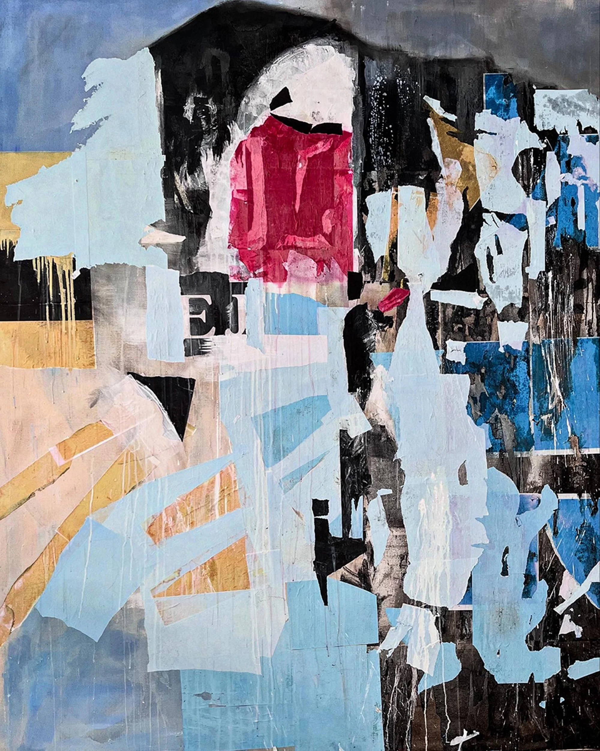 E J, 2025,
Image Transfer and Oil on Unprimed Canvas,
72” x 60”
