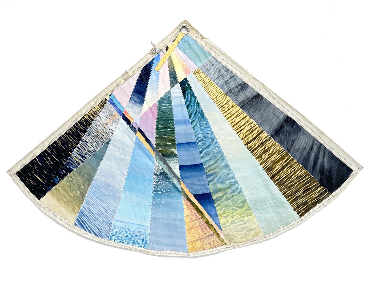 “Prismatic Skies”, acrylic on reclaimed sail cloth, 48” x 64”, 2023