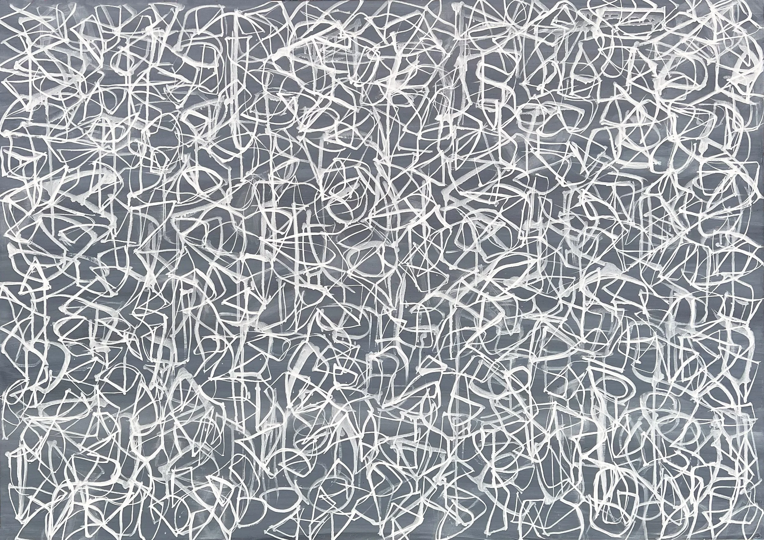 Asemic Drawing (white on grey), 2024, Acrylic on Linen, 29” x 41”