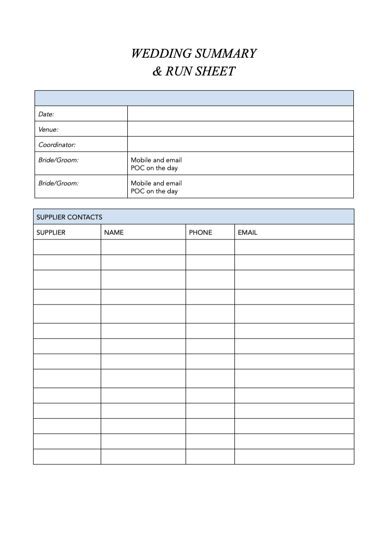 Wedding Day Summary Template