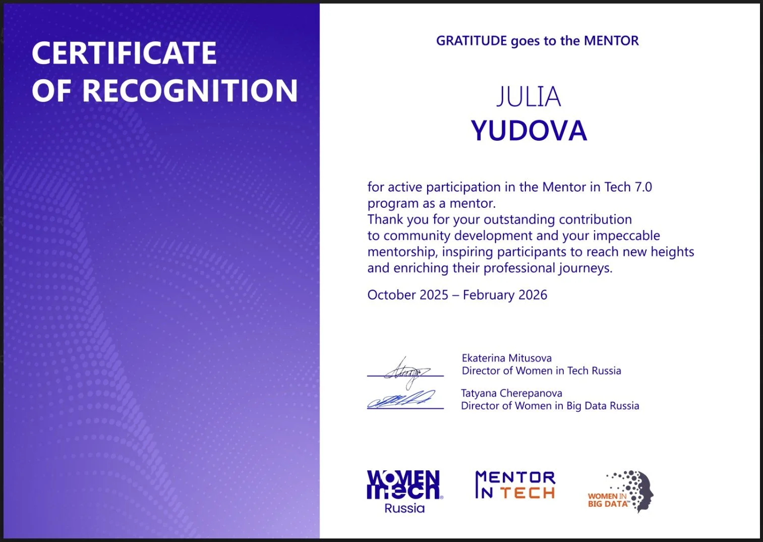 Сертификат об участии в менторской программе 2025