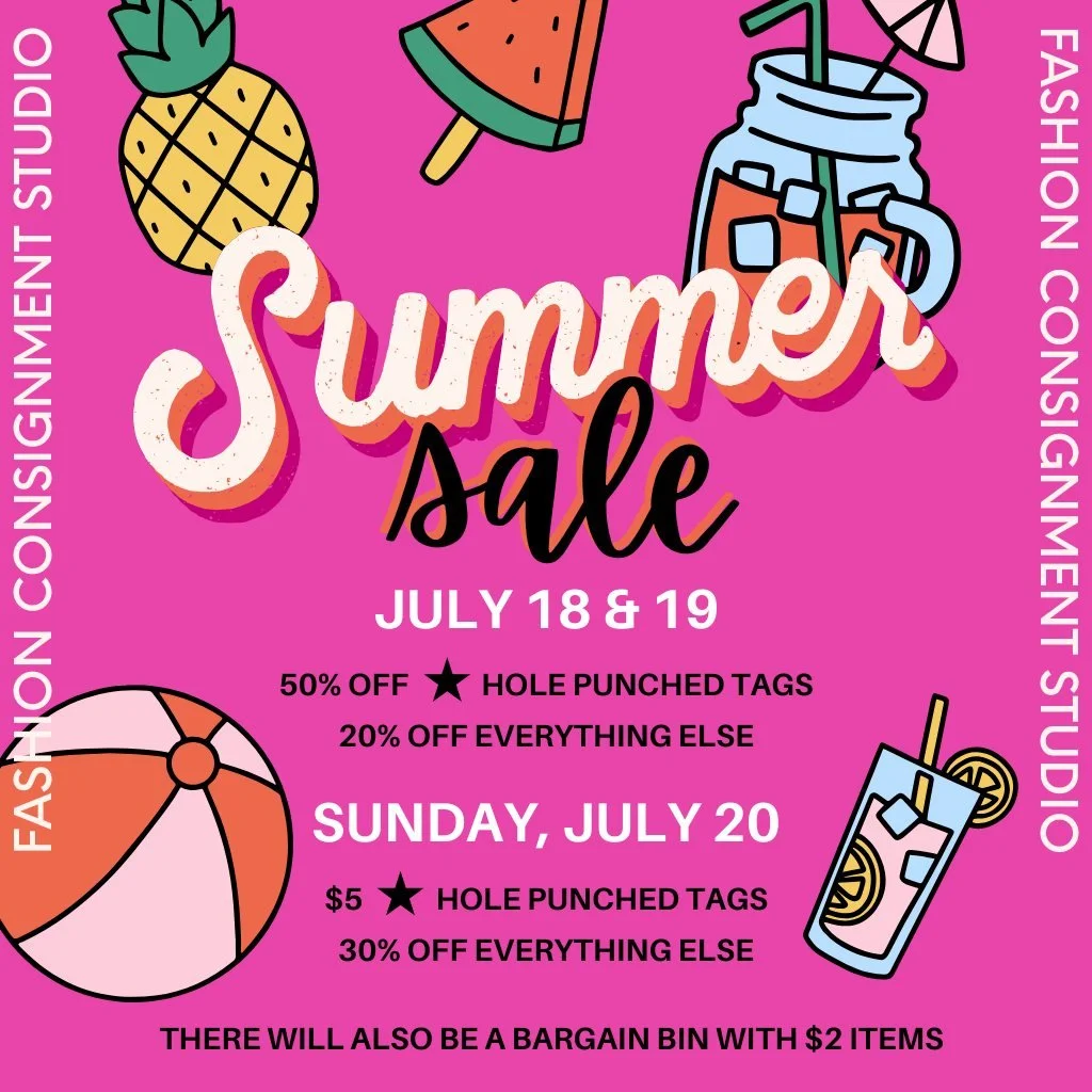 ☀️ Summer Sale is almost here at Fashion Consignment Studio! ☀️
Get ready for the hottest deals of the season! Join us July 18 & 19 for 50% OFF star-punched tags and 20% OFF everything else. Then swing by on Sunday, July 20 for $5 star-punched t