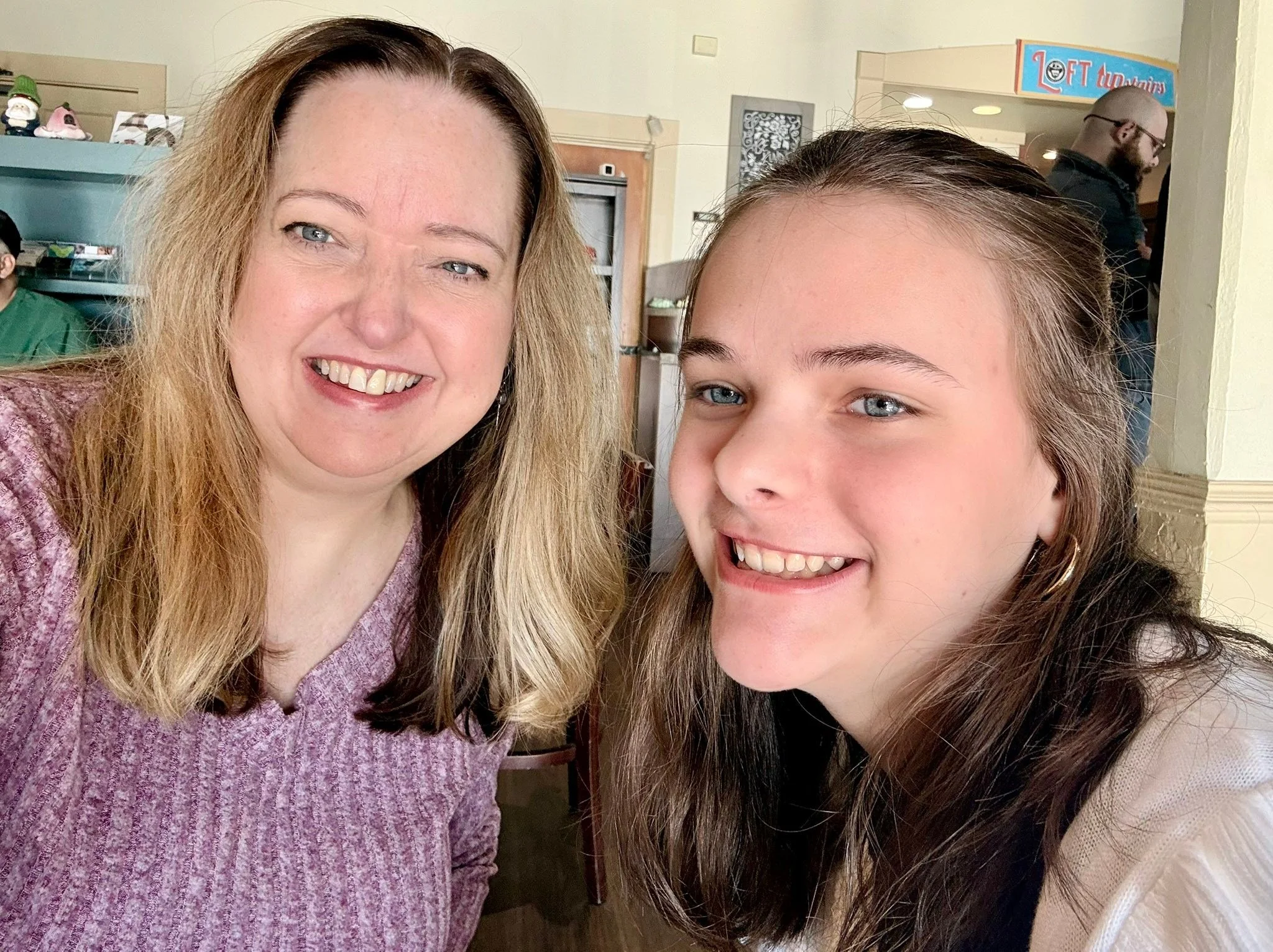 Morning treat with my not-so-little girl. We are discussing her latest read, Diary o￼f Anne Frank.