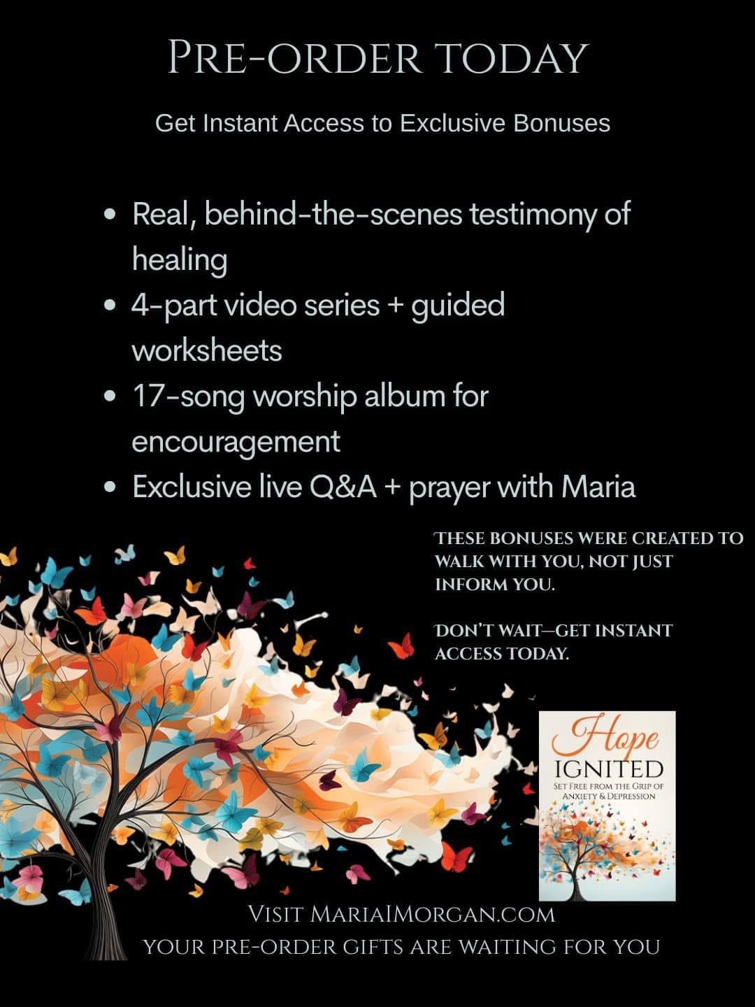 My fellow Hope Writer #MariaIMorganWriter has published a book for anyone struggling with severe depression/anxiety.

Pre-ordering comes with incredible bonuses&mdash;videos, worksheets, worship music, and more. #HopeIgnitedBook