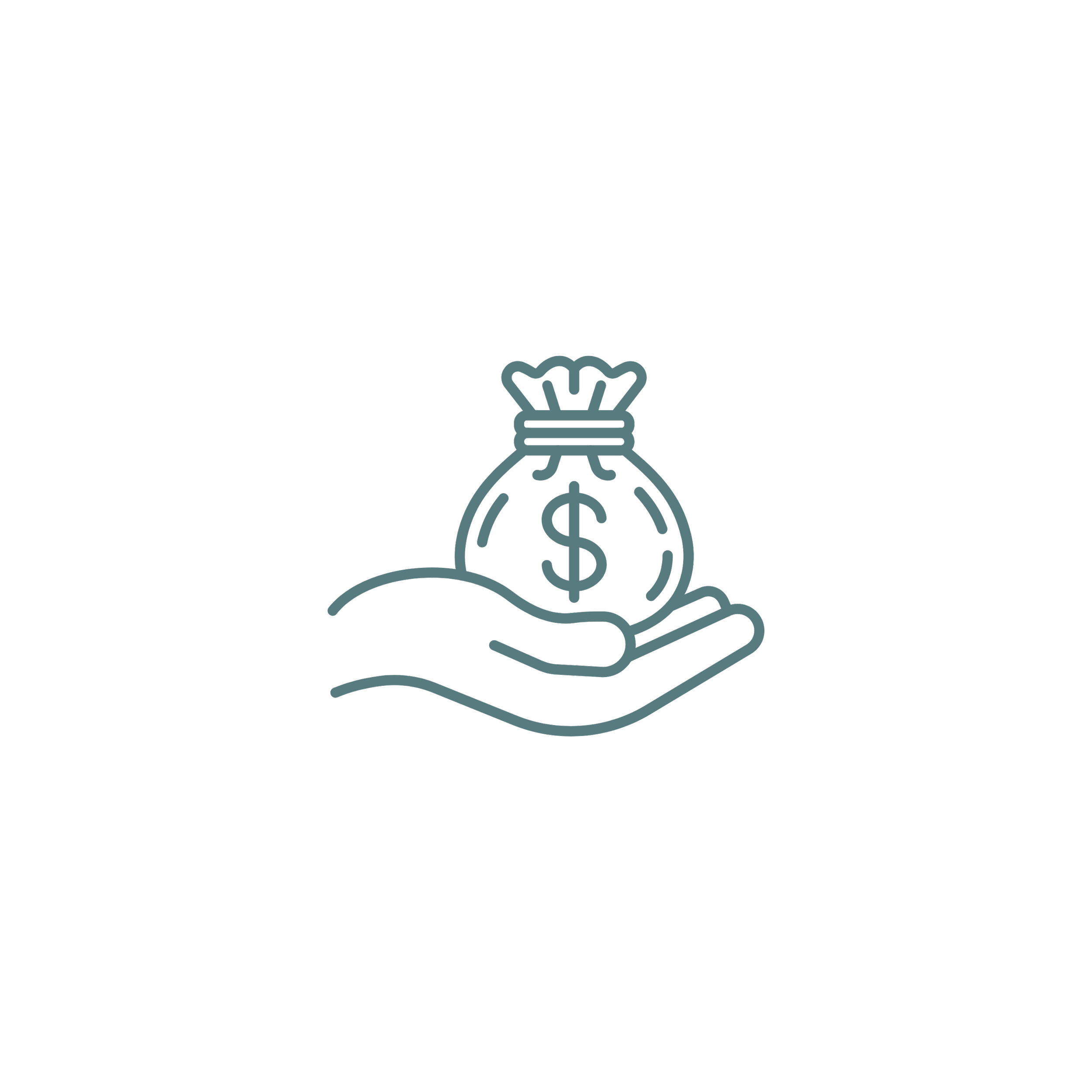 Green icon of hand holding bag of money with dollar sign on it.