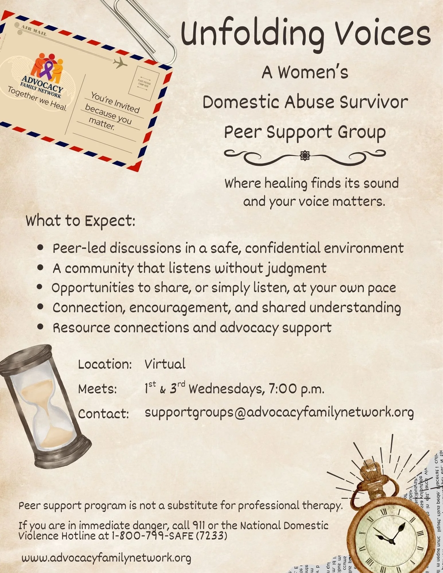 Flyer for 'Unfolding Voices,' a women's domestic abuse survivor peer support group, featuring an acknowledgment letter, hourglass, and clock illustration.