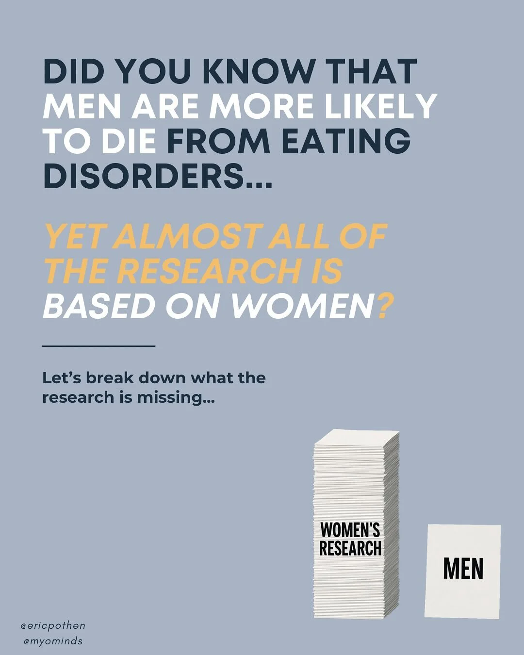 Men are more likely to die from eating disorders, yet most of what we know about EDs comes from research on women.

Here&rsquo;s the problem:

➡️ Treatment studies are based on 90&ndash;99% female participants.
➡️ Diagnostic tools are less accurate f