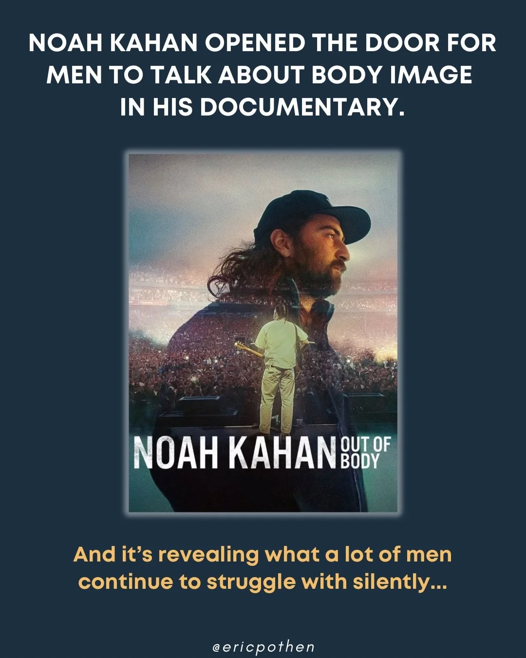 I watched Noah Kahan&rsquo;s ( @noahkahanmusic ) documentary Out of Body last week.

And hearing him talk about his relationship with body and food was really powerful.

Not just because of what he said.

But because he said it at all.

A lot of men 